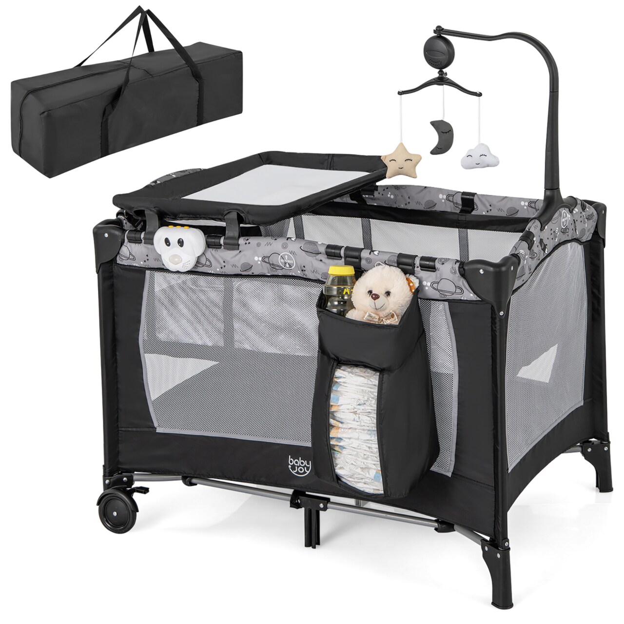 Portable Baby Playard Nursery Center Crib Bassinet W/ Hanging Toys And Music Box